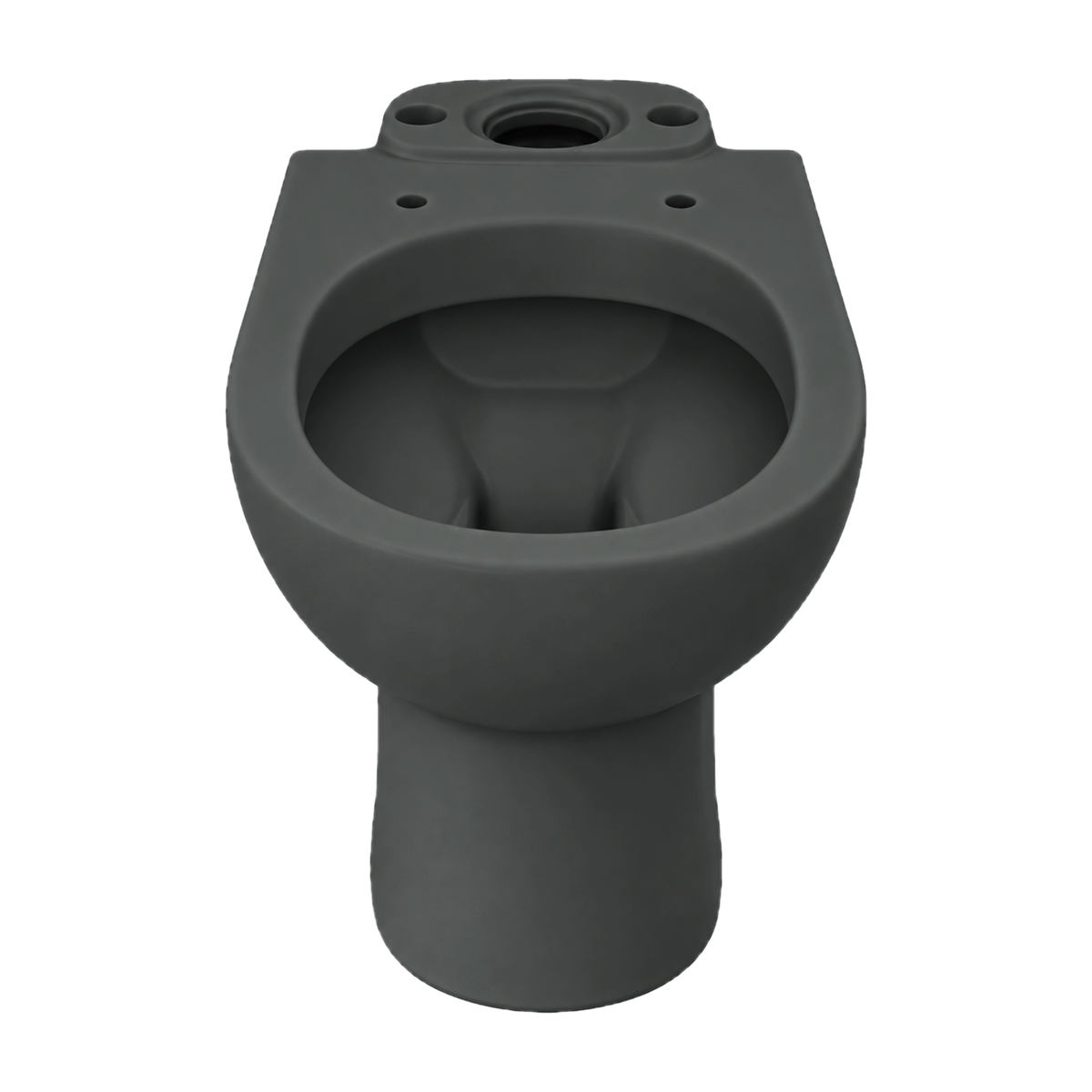Taza de inodoro Opus Core en color Gris Basalto Mate, vista frontal con la repisa trasera y el agujero de entrada de agua
