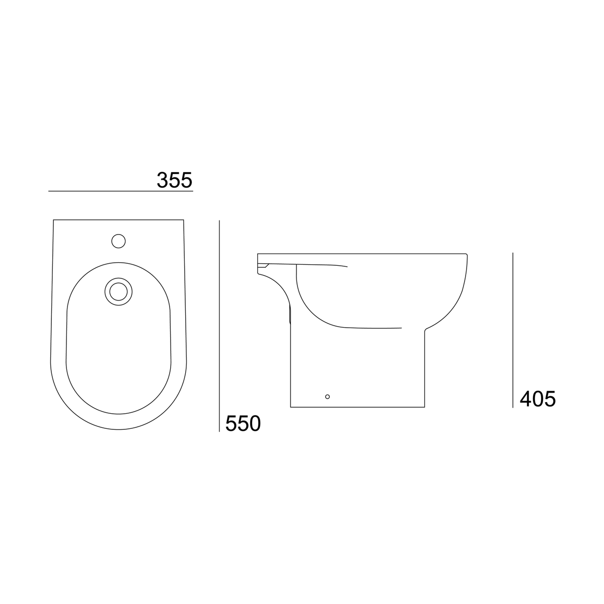 Plano de medidas del bidé Opus Core: 355 mm de ancho, 550 de fondo y 405 de alto