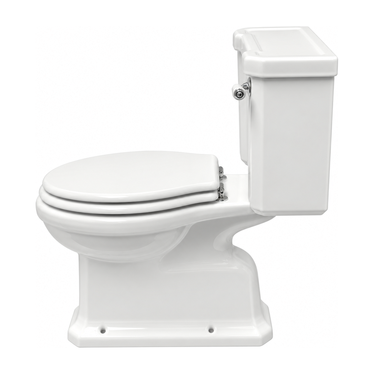 Inodoro completo Neoclásica en color Blanco con cisterna y asiento, vista lateral