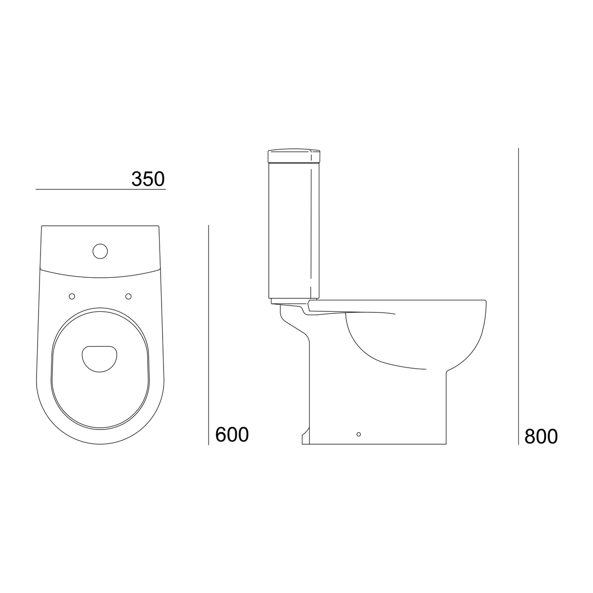 Plano de medidas del inodoro Opus Core: 350 mm de ancho, 600 de fondo y 800 de alto