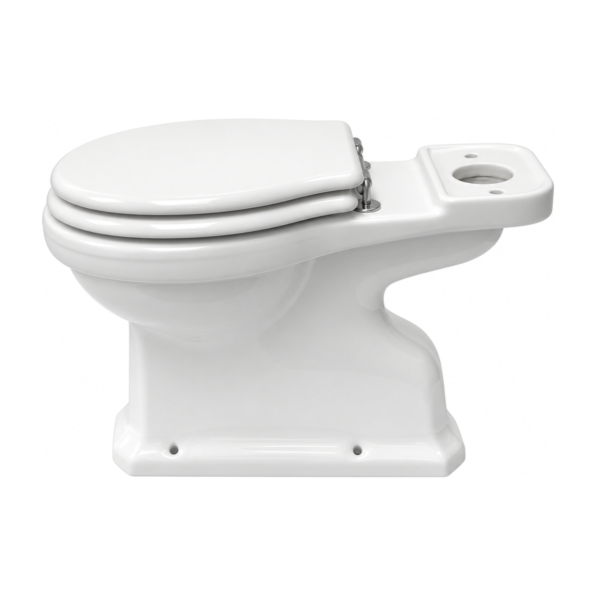 Taza de inodoro Neoclásica en color Blanco con asiento, vista lateral