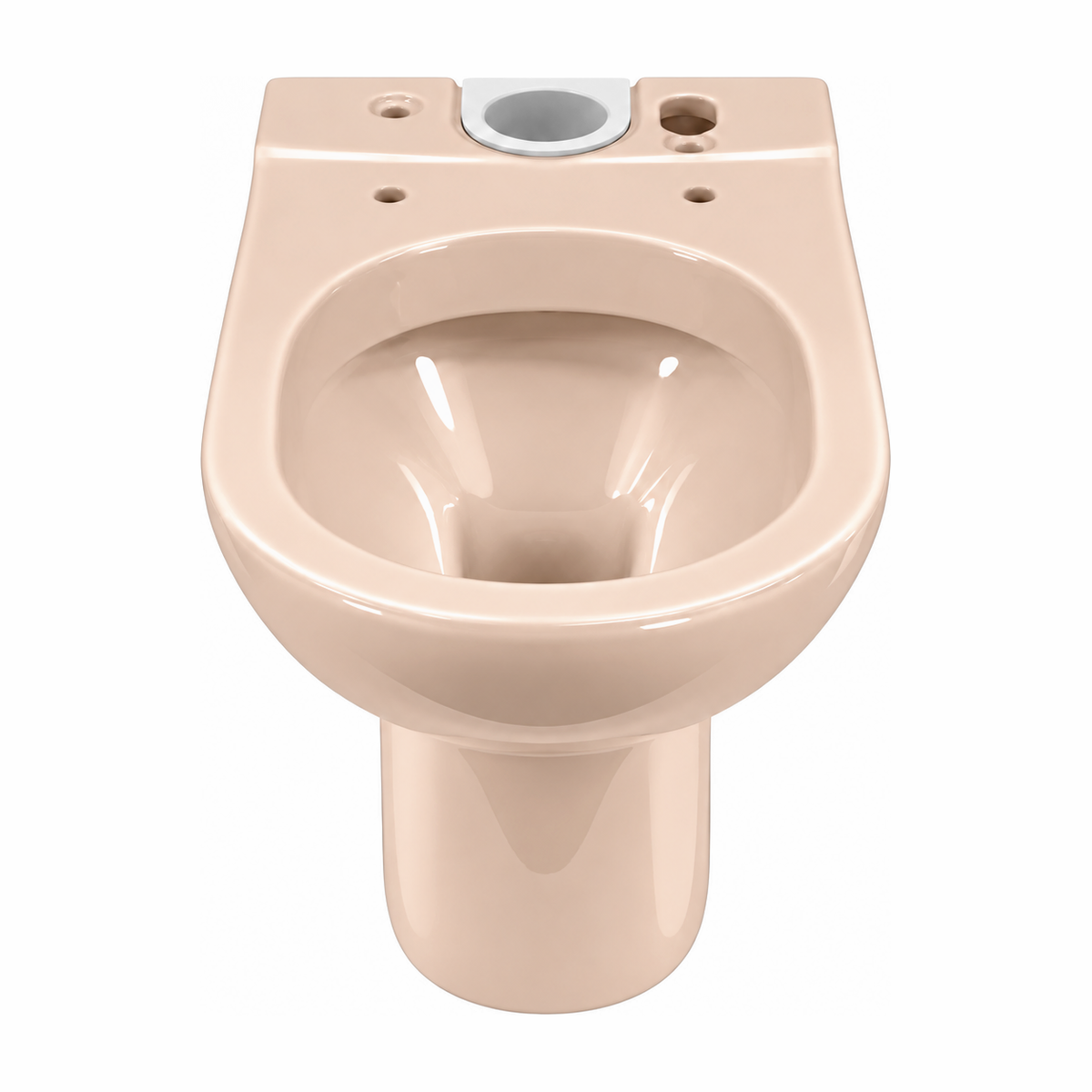 Taza de inodoro Serie 100 en color Bahama Beige, vista frontal con la repisa trasera y el agujero de entrada de agua
