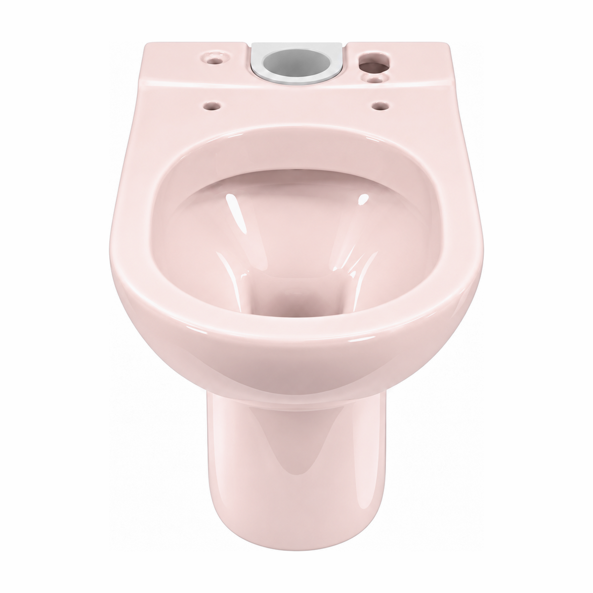 Taza de inodoro Serie 100 en color Rosa Perola, vista frontal con la repisa trasera y el agujero de entrada de agua
